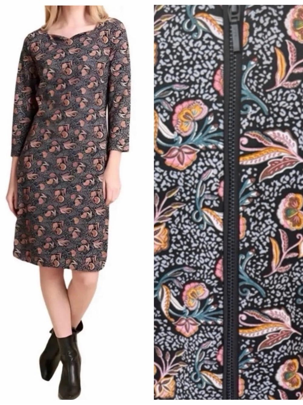 FOIL Floral Bohemian Pattern MIDI Dress with Colorblock Side Panels Sz 8